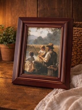Vintage Style Fishing Scene Framed Print Father & Children Lake Art 8x10 Cottage